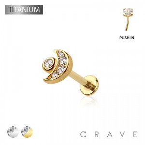 IMPLANT GRADE TITANIUM THREADLESS PUSH IN CZ MOON LABRET STUD SET